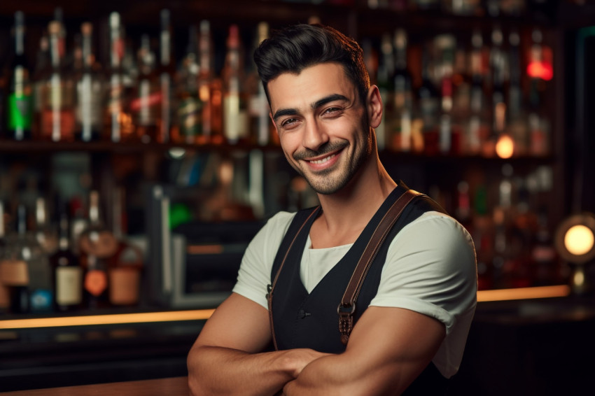 Smiling bartender posing at counter looking at camera Smiling bartender posing at counter looking at camera