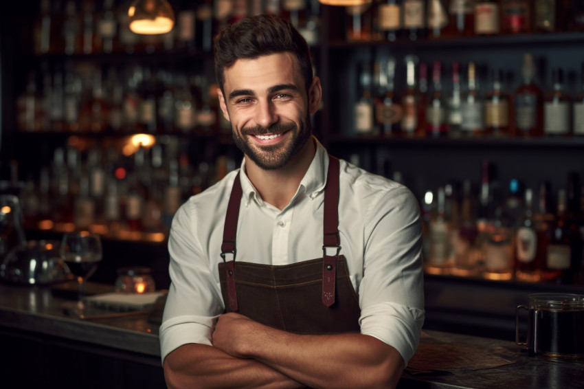 Smiling bartender posing at counter looking at camera Smiling bartender posing at counter looking at camera