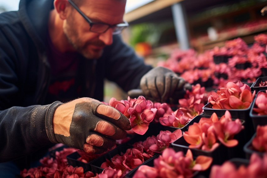 Man deadheading kalanchoe flowers in houseplant nursery Man deadheading kalanchoe flowers in houseplant nursery