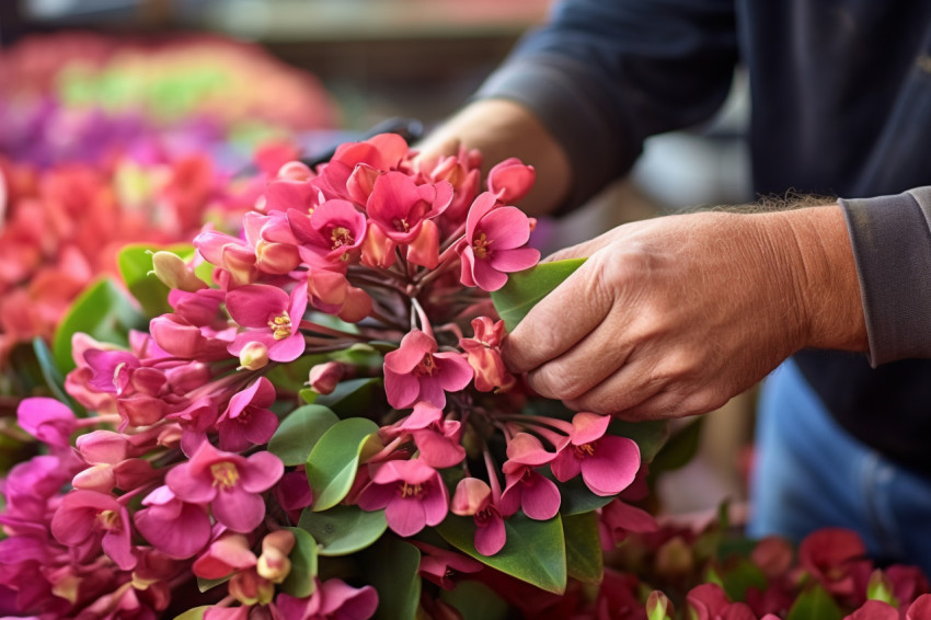 Man deadheading kalanchoe flowers in houseplant nursery Man deadheading kalanchoe flowers in houseplant nursery