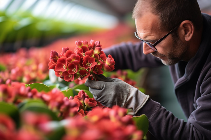 Man deadheading kalanchoe flowers in houseplant nursery Man deadheading kalanchoe flowers in houseplant nursery