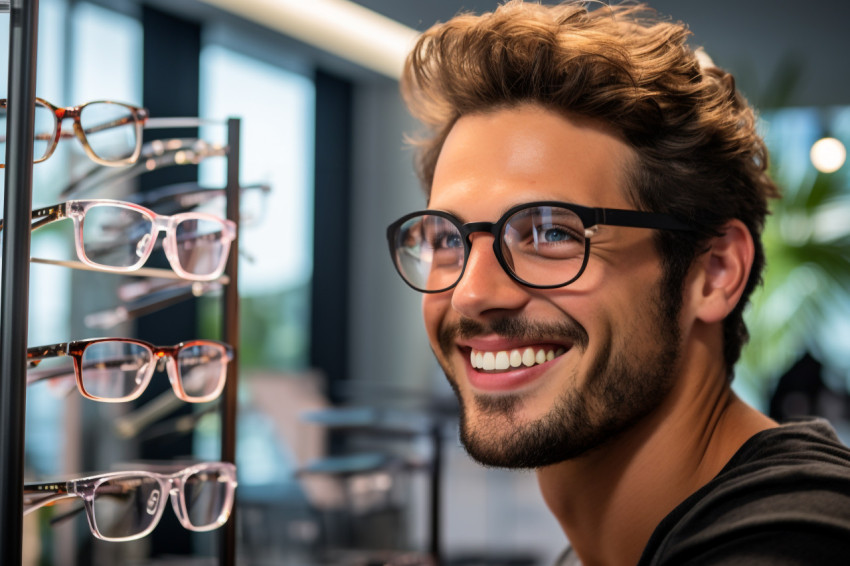 Close up of young mans hands holding glasses at optician Close up of young mans hands holding glasses at optician