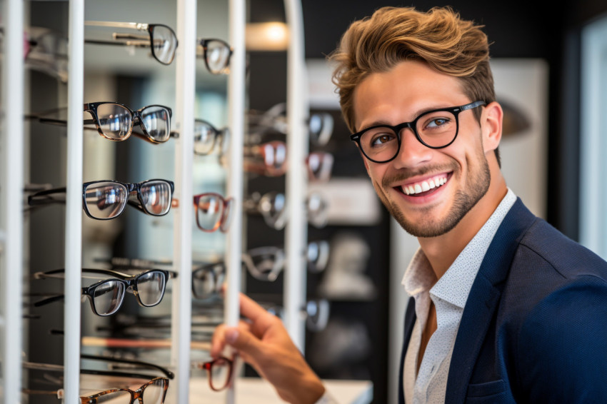 Close up of young mans hands holding glasses at optician Close up of young mans hands holding glasses at optician