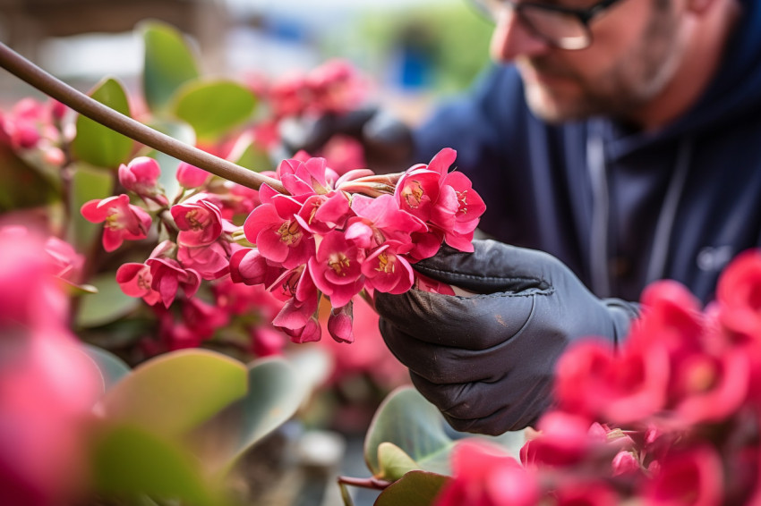 Man deadheading kalanchoe flowers in houseplant nursery Man deadheading kalanchoe flowers in houseplant nursery