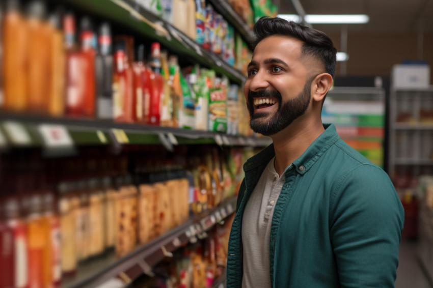 Happy Indian man grocery shopping Happy Indian man grocery shopping