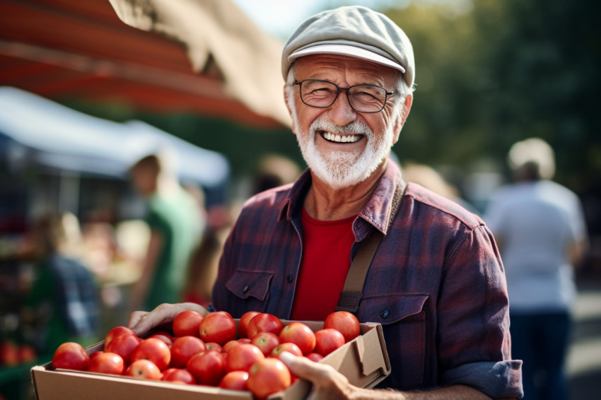 Senior man selling apples at farmers market Senior man selling apples at farmers market