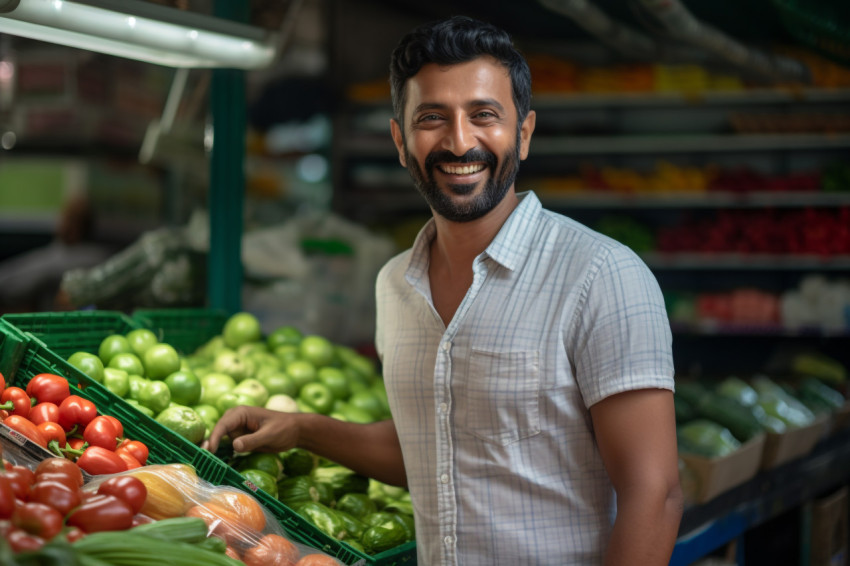 Happy Indian man grocery shopping Happy Indian man grocery shopping