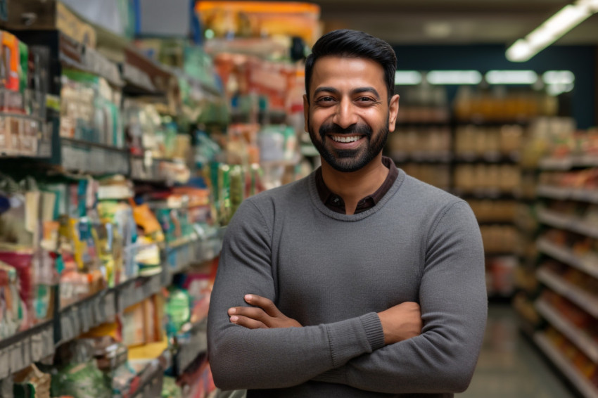 Happy Indian man grocery shopping Happy Indian man grocery shopping