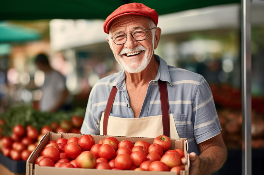 Senior man selling apples at farmers market Senior man selling apples at farmers market