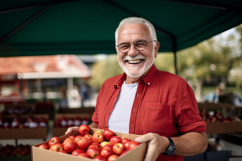 Senior man selling apples at farmers market Senior man selling apples at farmers market