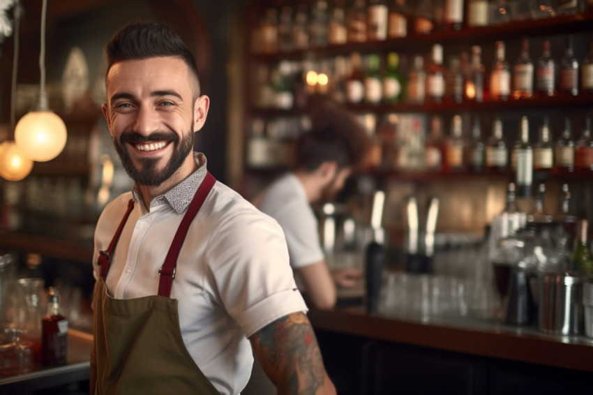 Smiling young bartender at his favorite bar Smiling young bartender at his favorite bar