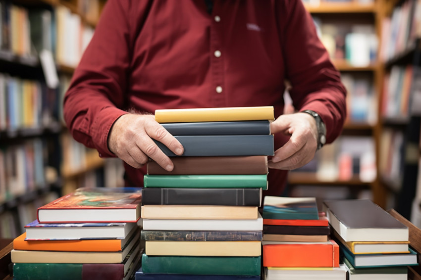 Bookstore owner with book and laptop Bookstore owner with book and laptop