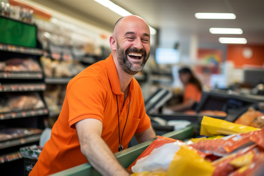 Smiling cashier at supermarket checkout counter Smiling cashier at supermarket checkout counter