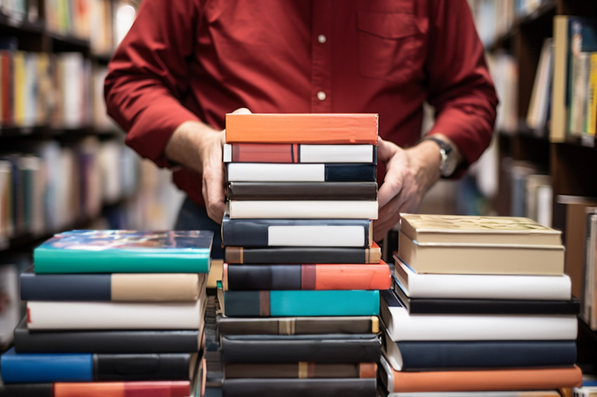 Bookstore owner with book and laptop Bookstore owner with book and laptop