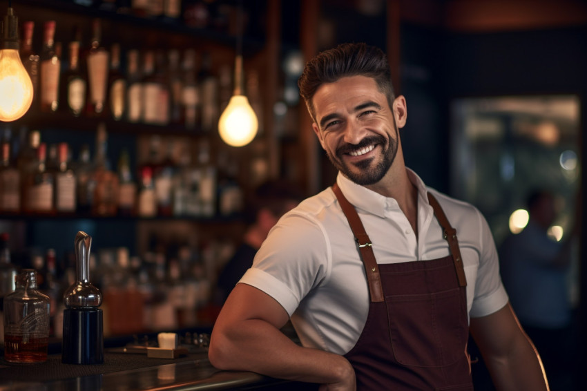 Smiling young bartender at his favorite bar Smiling young bartender at his favorite bar