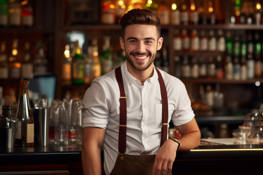 Smiling young bartender at his favorite bar Smiling young bartender at his favorite bar
