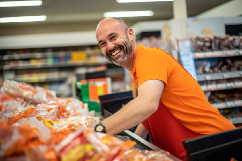 Smiling cashier at supermarket checkout counter Smiling cashier at supermarket checkout counter