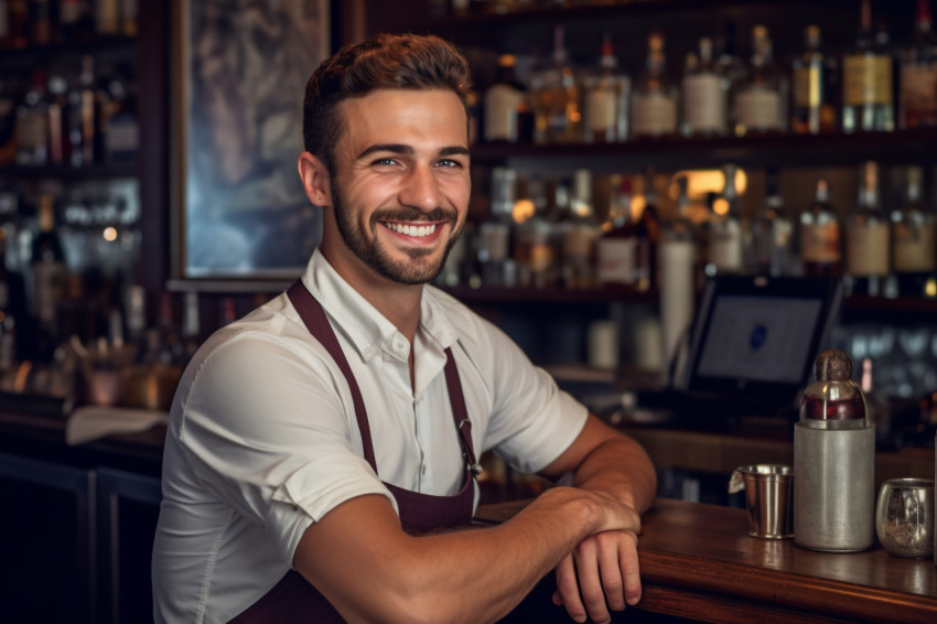 Smiling young bartender at his favorite bar Smiling young bartender at his favorite bar