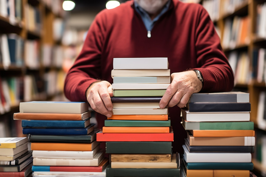 Bookstore owner with book and laptop Bookstore owner with book and laptop