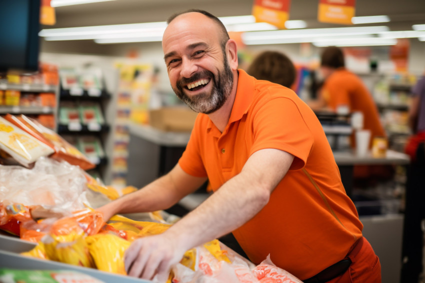 Smiling cashier at supermarket checkout counter Smiling cashier at supermarket checkout counter