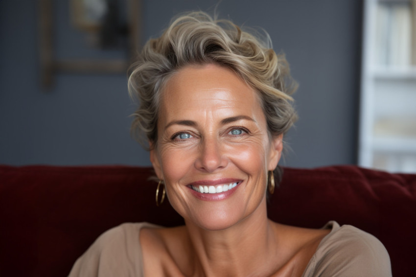 Smiling middle aged woman with gray hair looking at camera Smiling middle aged woman with gray hair looking at camera