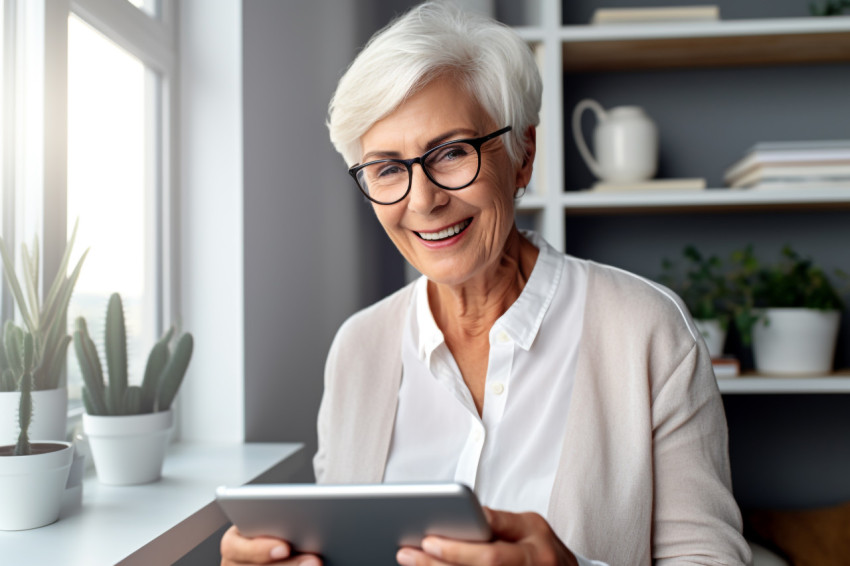 Cheerful senior woman using tablet at home Cheerful senior woman using tablet at home