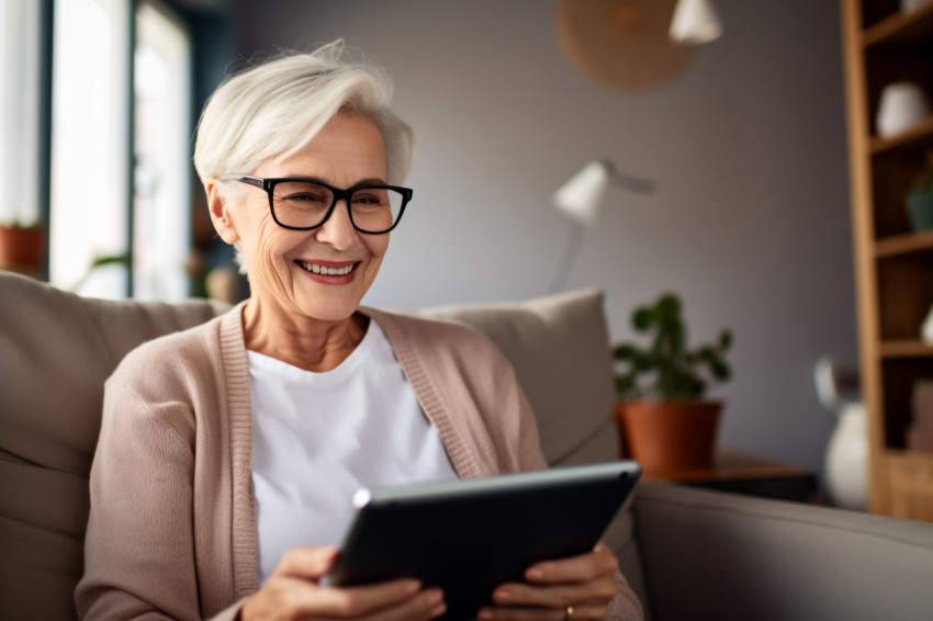 Cheerful senior woman using tablet at home Cheerful senior woman using tablet at home