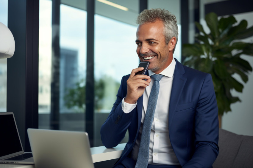 Smiling CEO uses business apps on phone Smiling CEO uses business apps on phone