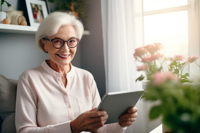 Cheerful senior woman using tablet at home Cheerful senior woman using tablet at home