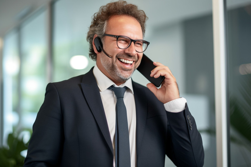 Smiling CEO uses business apps on phone Smiling CEO uses business apps on phone