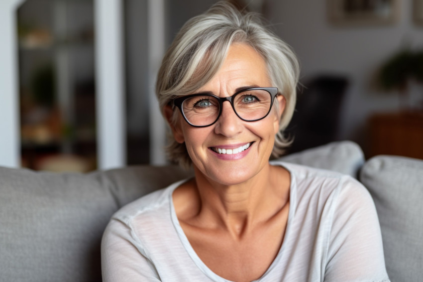 Smiling mature woman with grey hair looking at camera Smiling mature woman with grey hair looking at camera