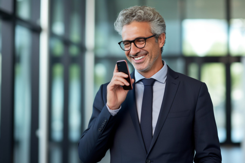Smiling CEO uses business apps on phone Smiling CEO uses business apps on phone