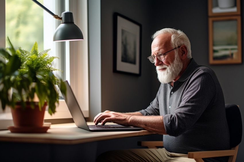 Senior man working on laptop at home Senior man working on laptop at home