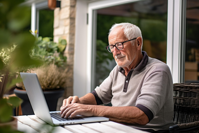 Senior man working on laptop at home Senior man working on laptop at home