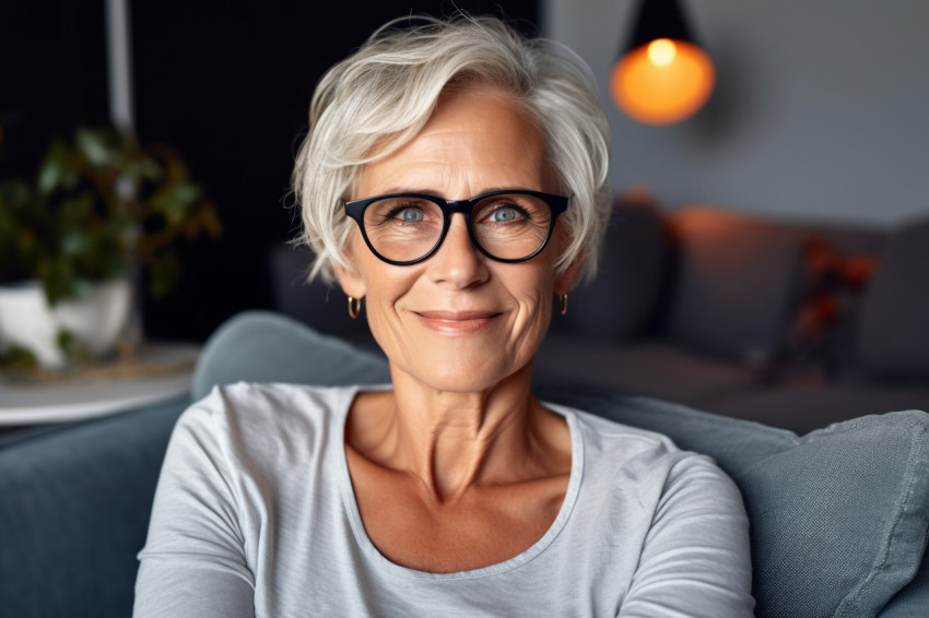 Smiling mature woman with grey hair looking at camera Smiling mature woman with grey hair looking at camera