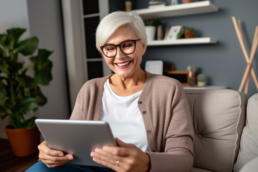 Cheerful senior woman using tablet at home Cheerful senior woman using tablet at home