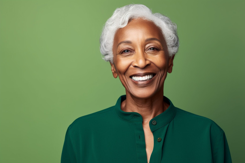 Smiling black senior womans waist up portrait on green background Smiling black senior womans waist up portrait on green background