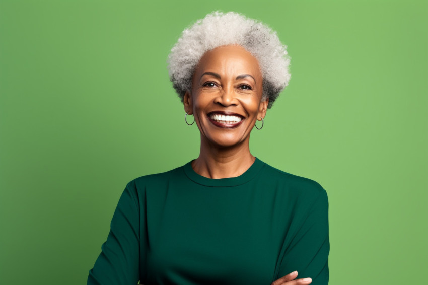 Smiling black senior womans waist up portrait on green background Smiling black senior womans waist up portrait on green background