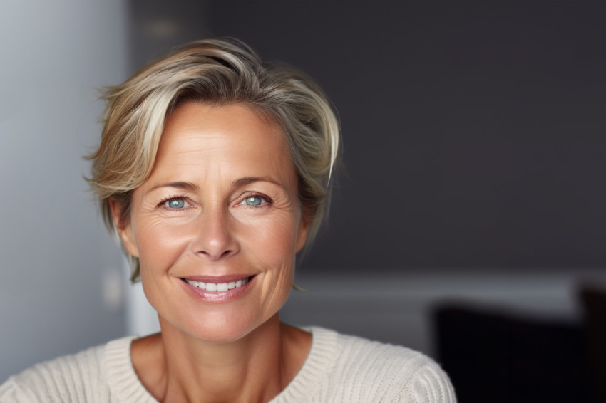 Smiling middle aged woman with gray hair looking at camera Smiling middle aged woman with gray hair looking at camera