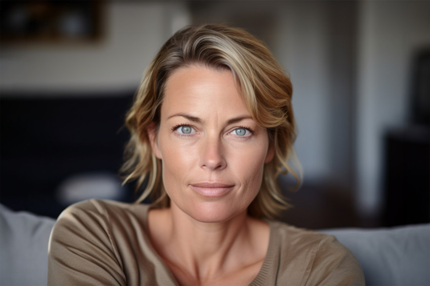 Smiling middle aged woman with gray hair looking at camera Smiling middle aged woman with gray hair looking at camera