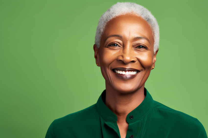 Smiling black senior womans waist up portrait on green background Smiling black senior womans waist up portrait on green background