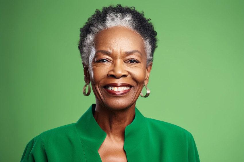 Smiling black senior womans waist up portrait on green background Smiling black senior womans waist up portrait on green background