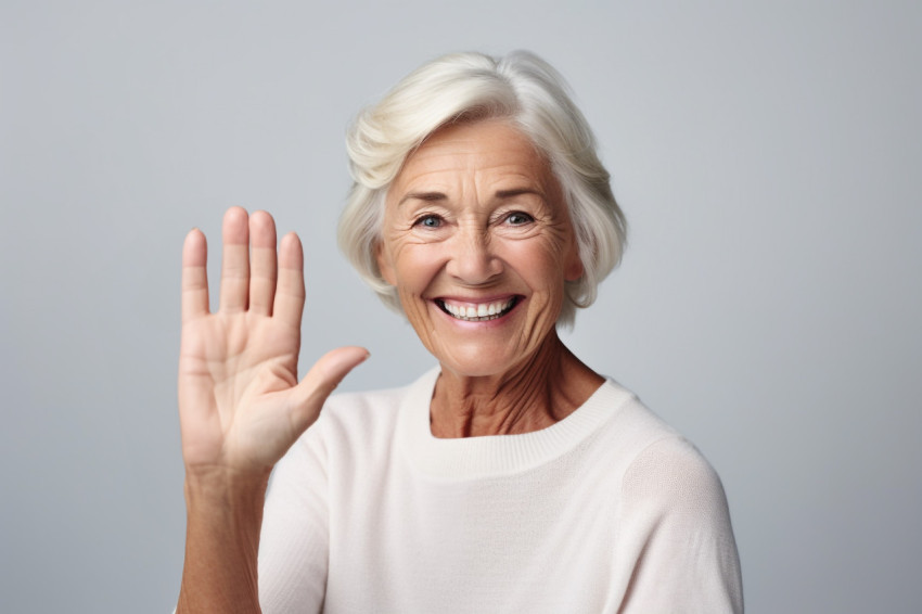 Smiling senior woman waving hello at camera in portrait photo Smiling senior woman waving hello at camera in portrait photo