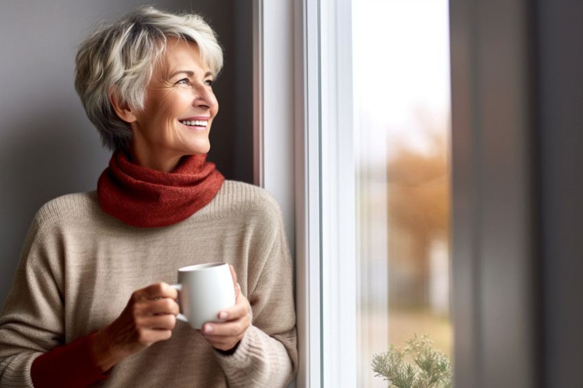 Smiling senior woman with hot drink at home looking away Smiling senior woman with hot drink at home looking away