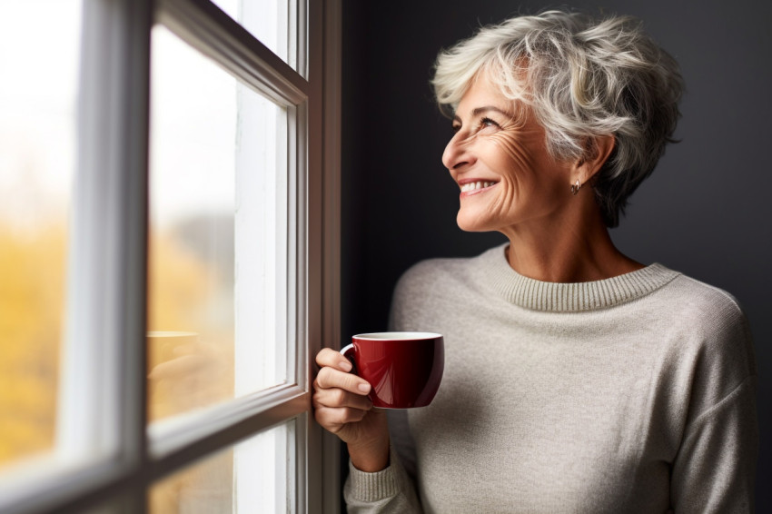 Smiling senior woman with hot drink at home looking away Smiling senior woman with hot drink at home looking away