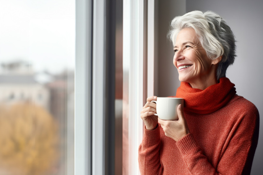 Smiling senior woman with hot drink at home looking away Smiling senior woman with hot drink at home looking away