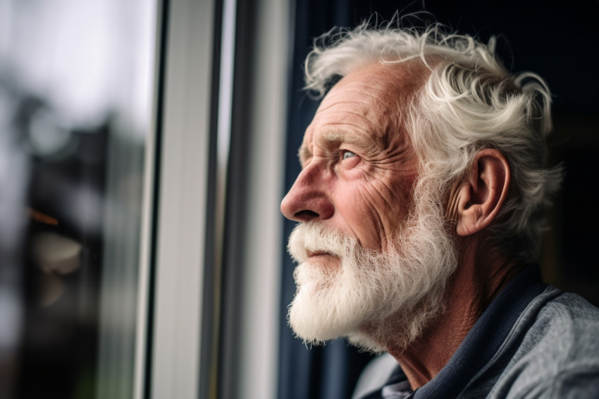 Senior man gazing out window thoughtfully Senior man gazing out window thoughtfully