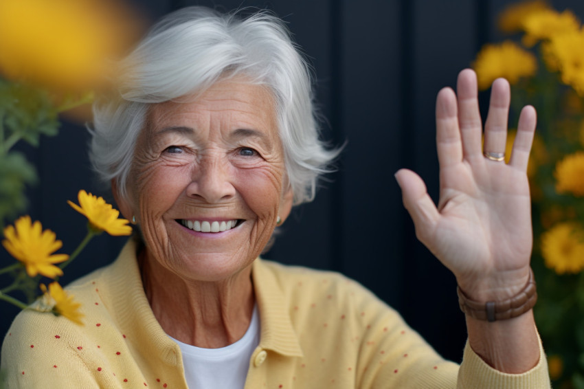 Smiling senior woman waving hello at camera in portrait photo Smiling senior woman waving hello at camera in portrait photo