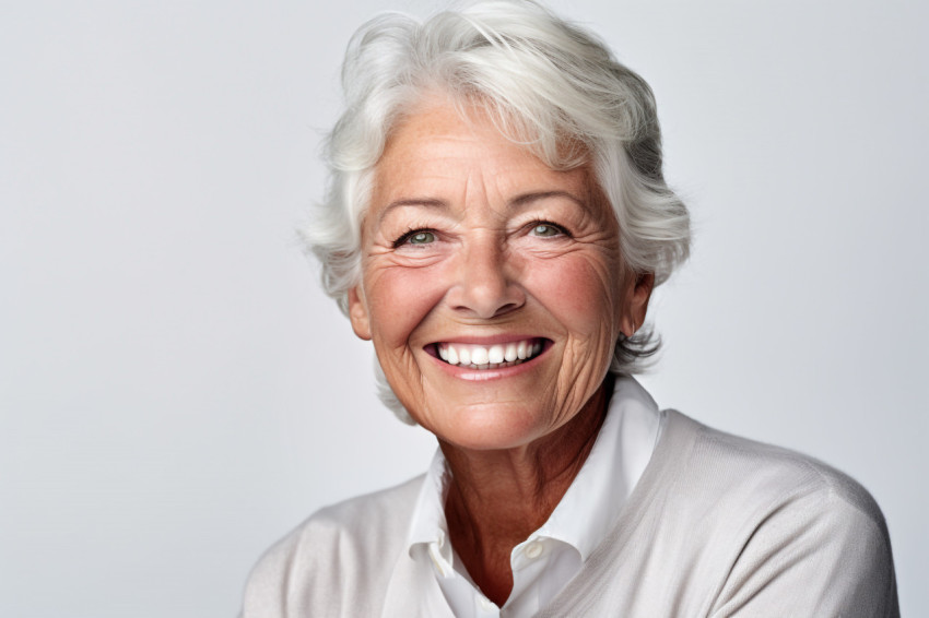 Smiling senior woman waving hello at camera in portrait photo Smiling senior woman waving hello at camera in portrait photo