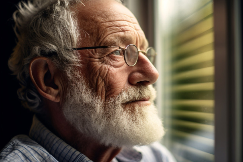Senior man gazing out window thoughtfully Senior man gazing out window thoughtfully